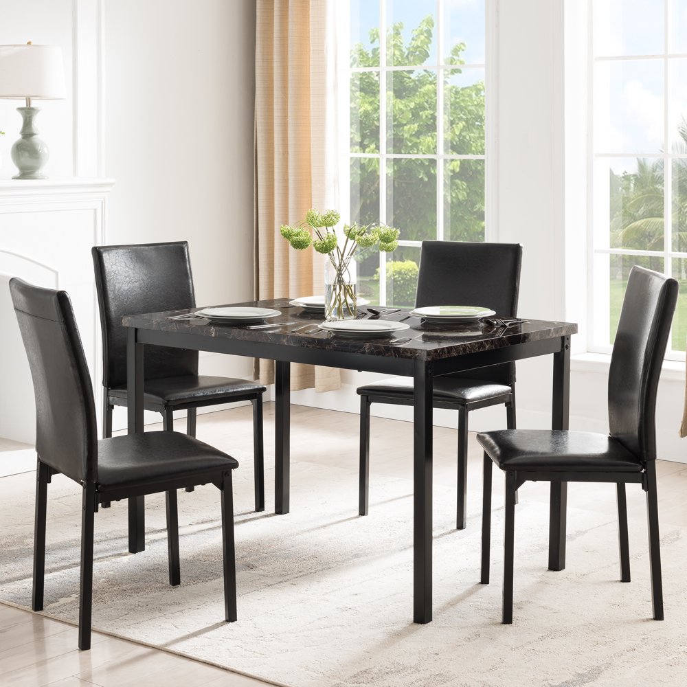 Mainstays 5 Piece Dining Set, Faux Marble Table Top and 4 PU Chairs, Brown and Black Color, Set of 5, Include 1 Table and 4 Chairs 4 People