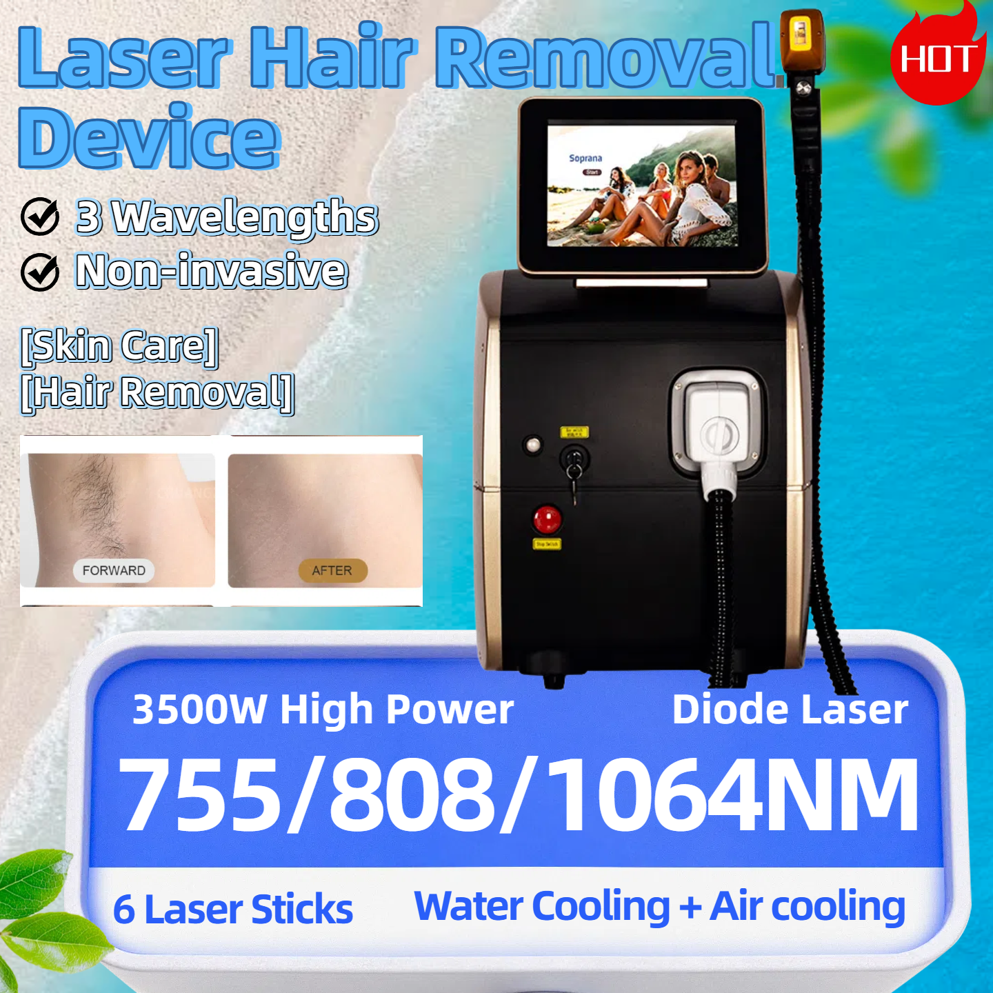 Profession 808nm Ice Painless Diode Laser Hair Removal Machine 3 Wavelength 755nm 808nm 1064nm Epilation Definitive Suitable For All Skin Tones