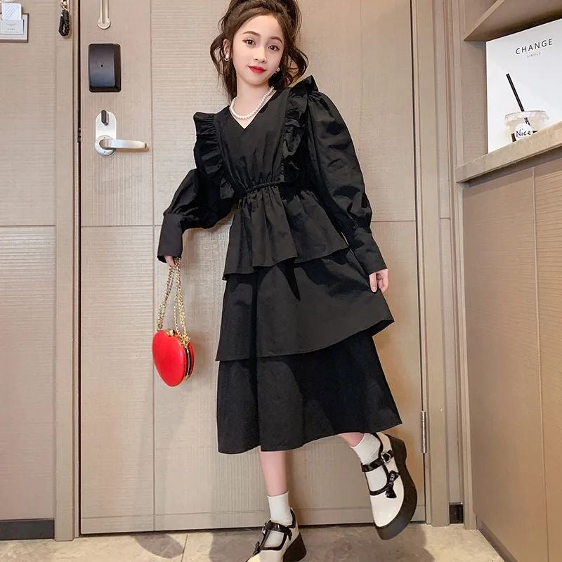 D385 Girls dress 2025 hot style checkerboard cotton princess dress girls French retro bubble two-piece dress