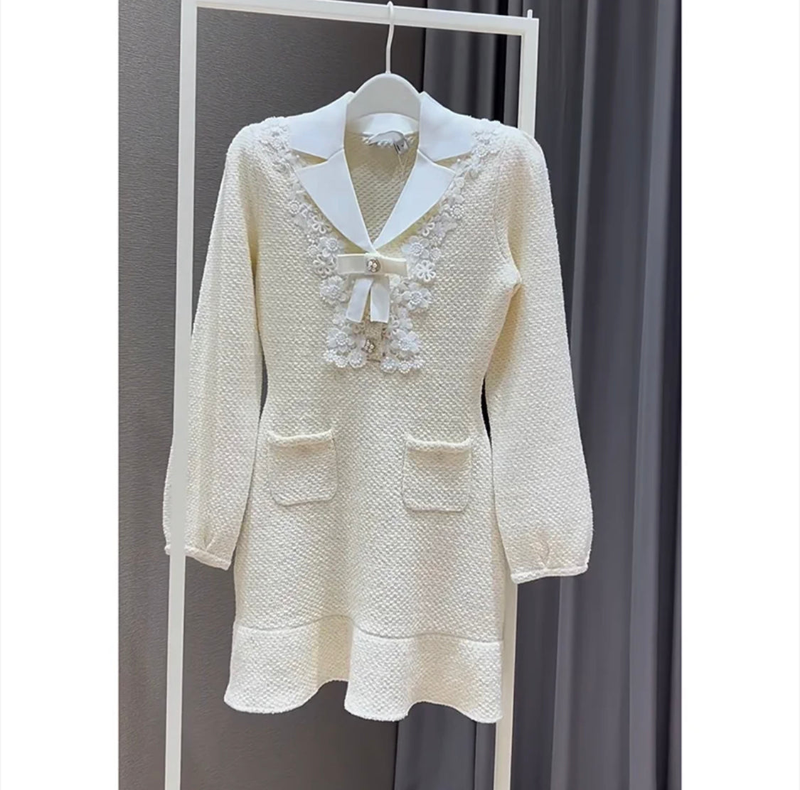 2024-Small Fragrant Knitted Collar Self Portrait Ivory White Long sleeved Short Skirt Lace Decoration Knitted Dress for Women