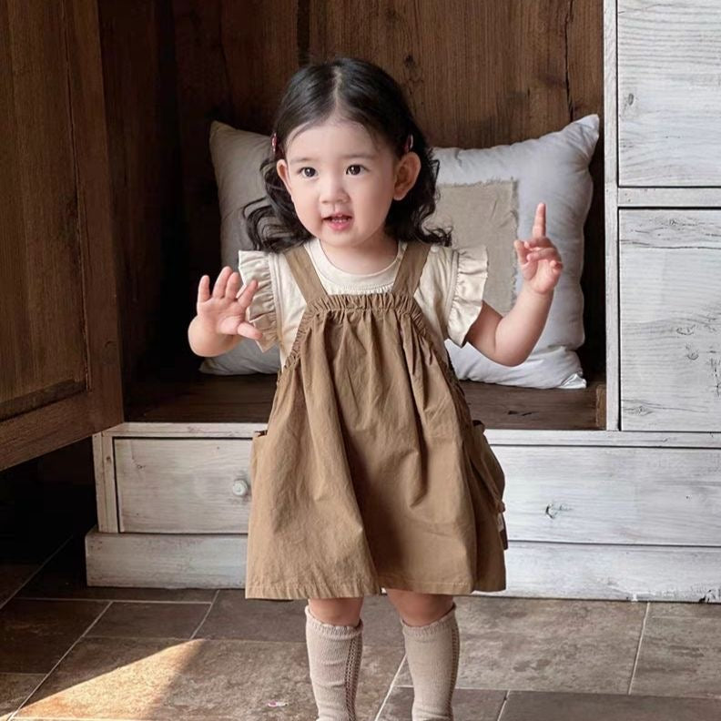 D177 Girls suit 2025 summer new arrival baby girl all-match casual bottoming shirt top suspender skirt two-piece suit