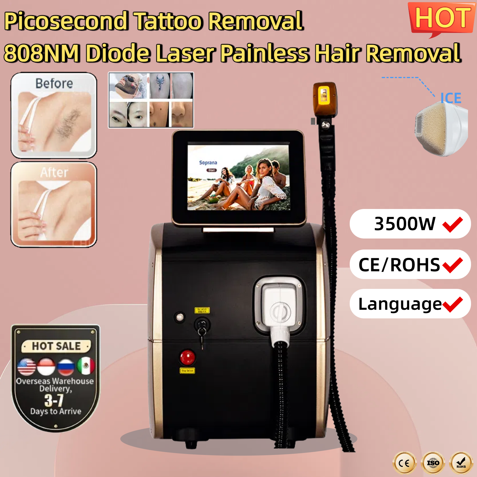 Diode Laser Hair Removal Professional Machine 3000W 3 wavelength Permanent Removal Cooling Head Painless Laser Epilator