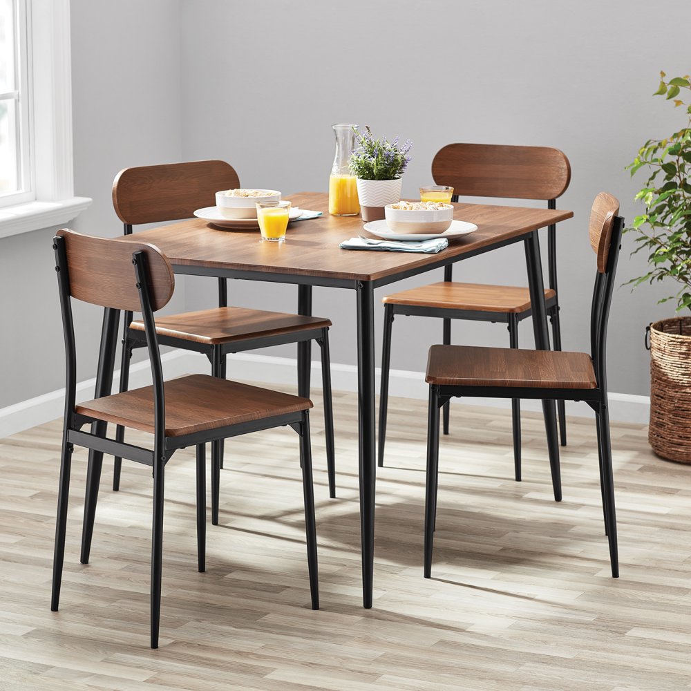Mainstays 5-Piece Modern Dining Set, Including 1 Table 4 Chairs, Walnut Color, Set of 5