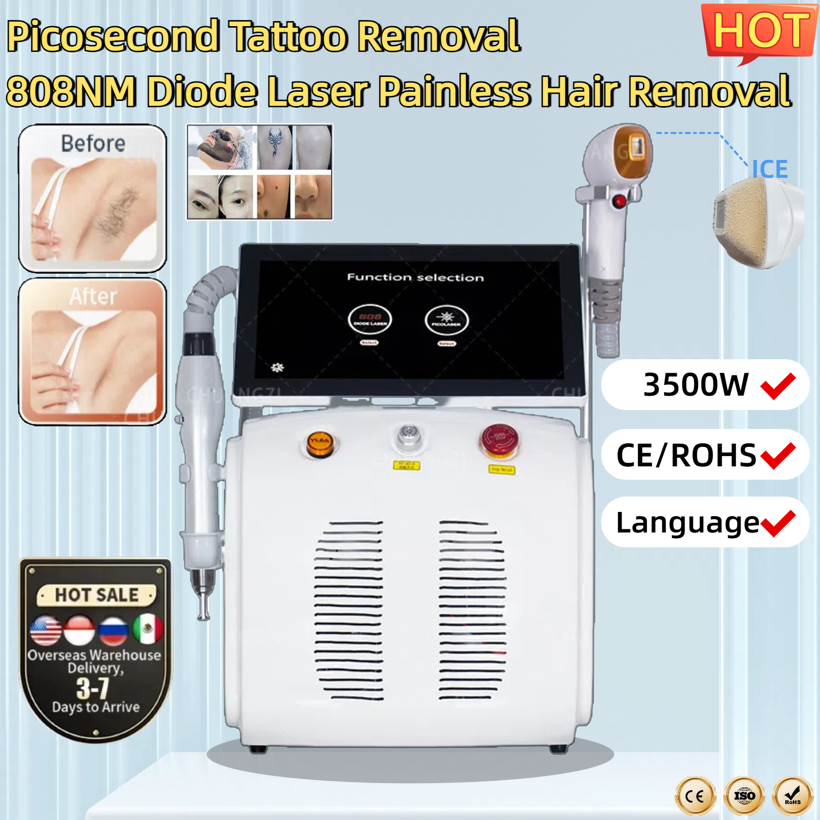 808nm Laser Hair Removal Device Sapphire Laser Painless Non invasive Whitening Rejuvenation 3500W Painless And Non-traumatic Beauty Machine