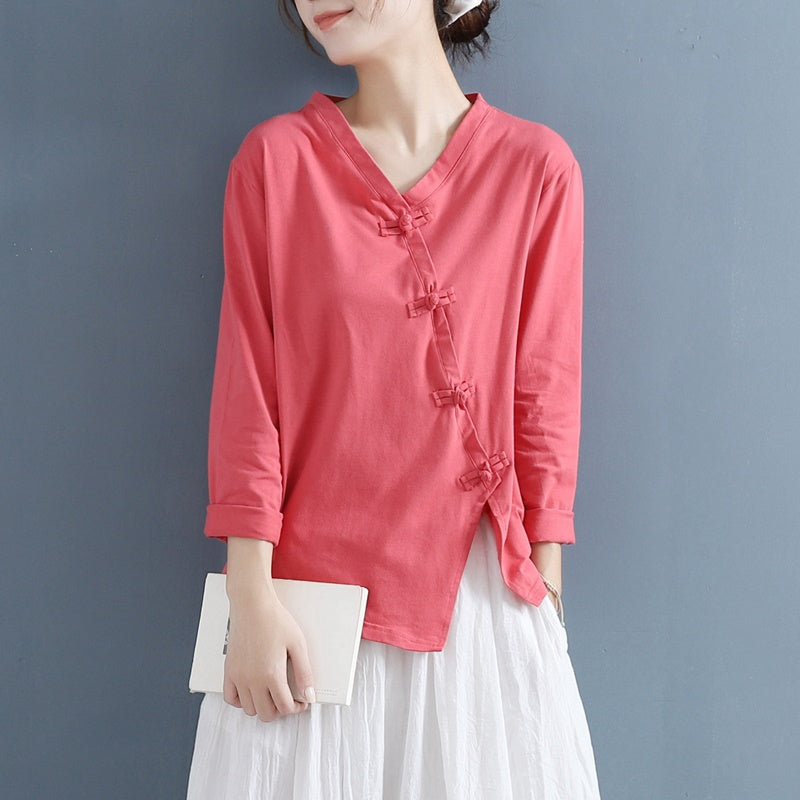 Vintage Shirt For Women Tops Cotton Linen Blouses 2021 Spring New Solid Color Button Chinese Style Clothing Women Shirts 11544