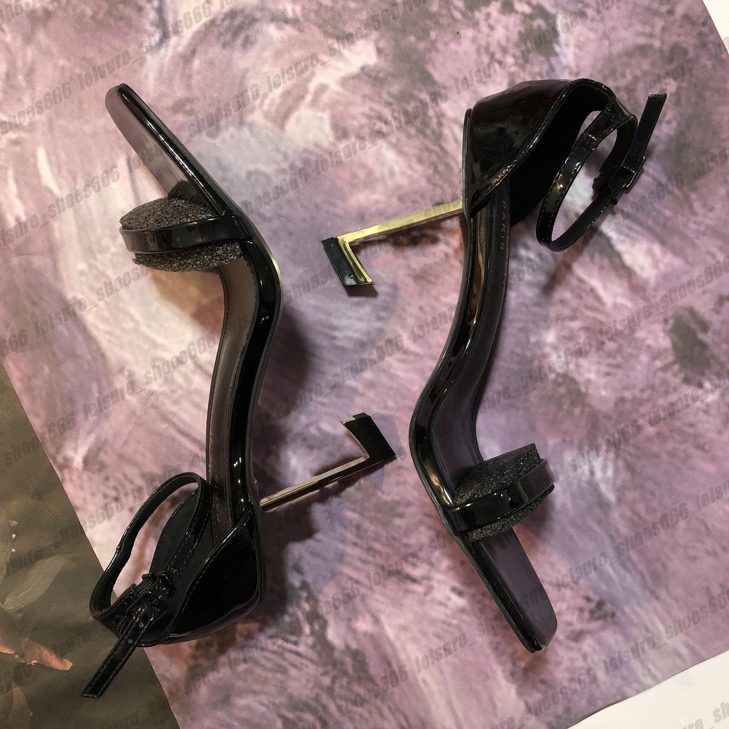 Designer shoes letter heel high-heeled sandals summer princess personality black patent leather temperament square toe exposed toe straight strap hi