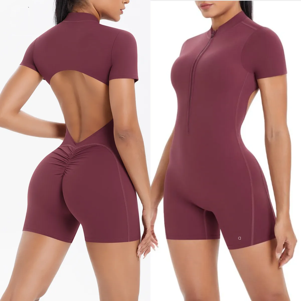 A1088 Solid color zipper back tight one-piece yoga clothes breathable exercise running fitness jumpsuit