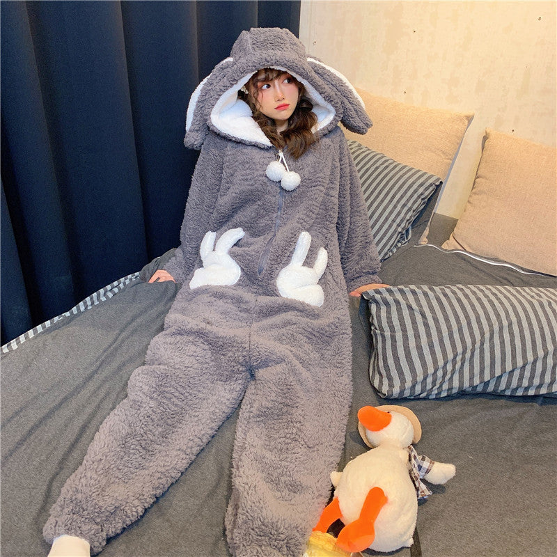 Winter Thicken Onesie Pajamas Women Warm Plush Kawaii Animal Rabbit One Piece Cosplay Bunny Homewear Sleepwear Jumpsuit Costume