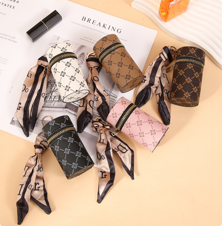 Key Rings Mini Bag Pendant Leather Coin Purses Keychains Lipstick Pouch with Silk Scarf Holder Car Keyrings Portable for Women Girls