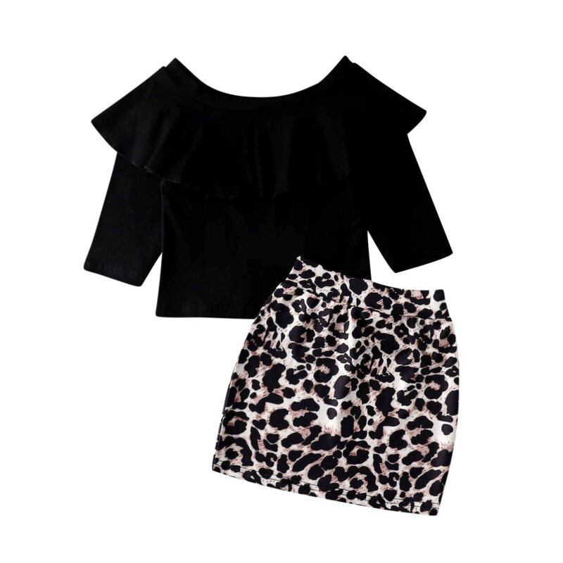 2PCS Toddler Kids Baby Girl Outfits Clothes Sets Off Shoulder Tops T-shirt+Leopard Print Mini Skirts Set