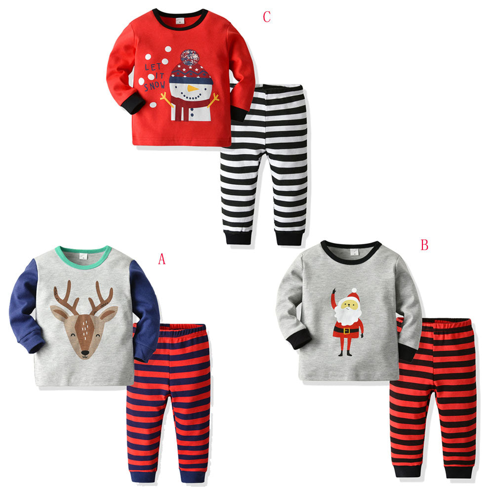 Christmas Infant Kids Baby Girls Boys Pajama Clothes Sets Cartoon Print Pullover Tops+Striped Pants 2pcs 1-5Y