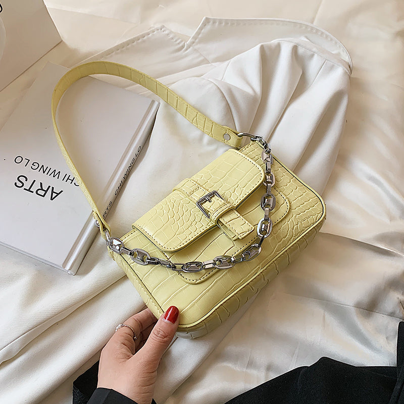 Candy Color Stone Pattern PU Leather Small Baguette Bags for Women 2021 Travel Fashion Simple Shoulder Handbag Chain A3T38