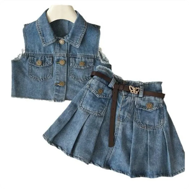Cute Children Clothing Sets Sleeveless Vest Skirt Belt three piece Suit Baby Girls Denim Tops Dress Set Designers Kids Clothes Outfit