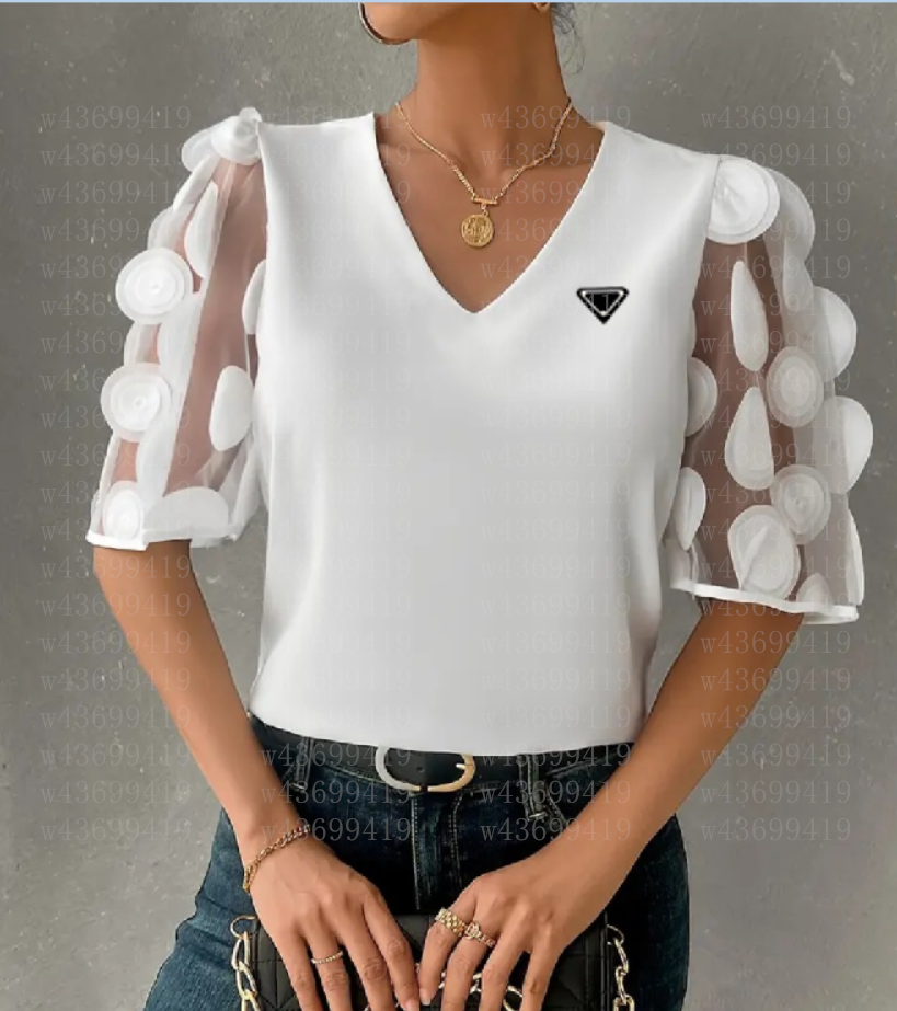 Women&#039;s Blouses Fashion White Chiffon Hollow Out V-neck Half Sleeve Shirts Patchwork Bottoming Shirt Top OL Basic Woman Tops And