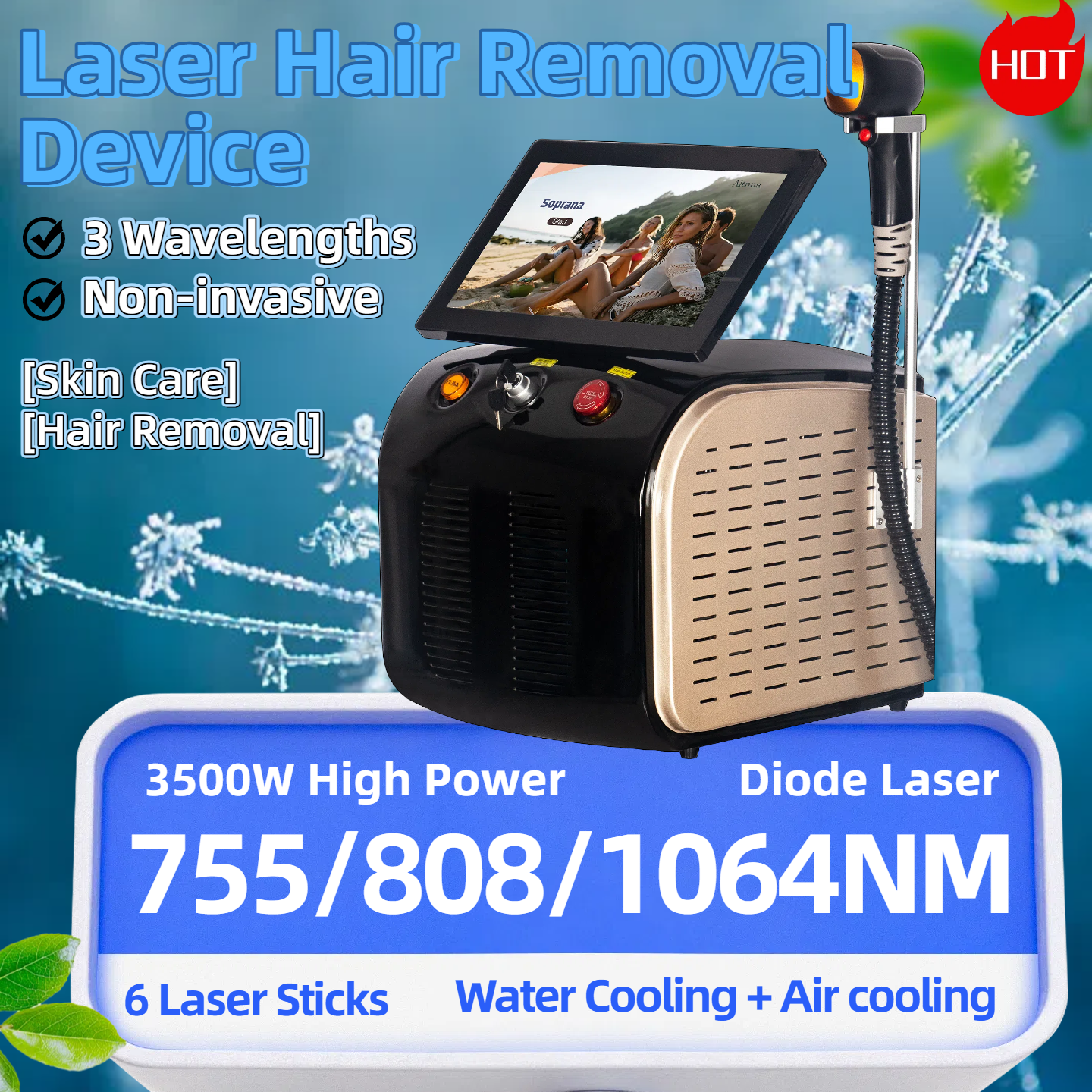High Power Ice Cooling 755 808 1064 Device Diode Laser Epilator Wavelength Painless 808nm Hair Removal MachinePermanent 3-Wavelength Laser Hair Remo