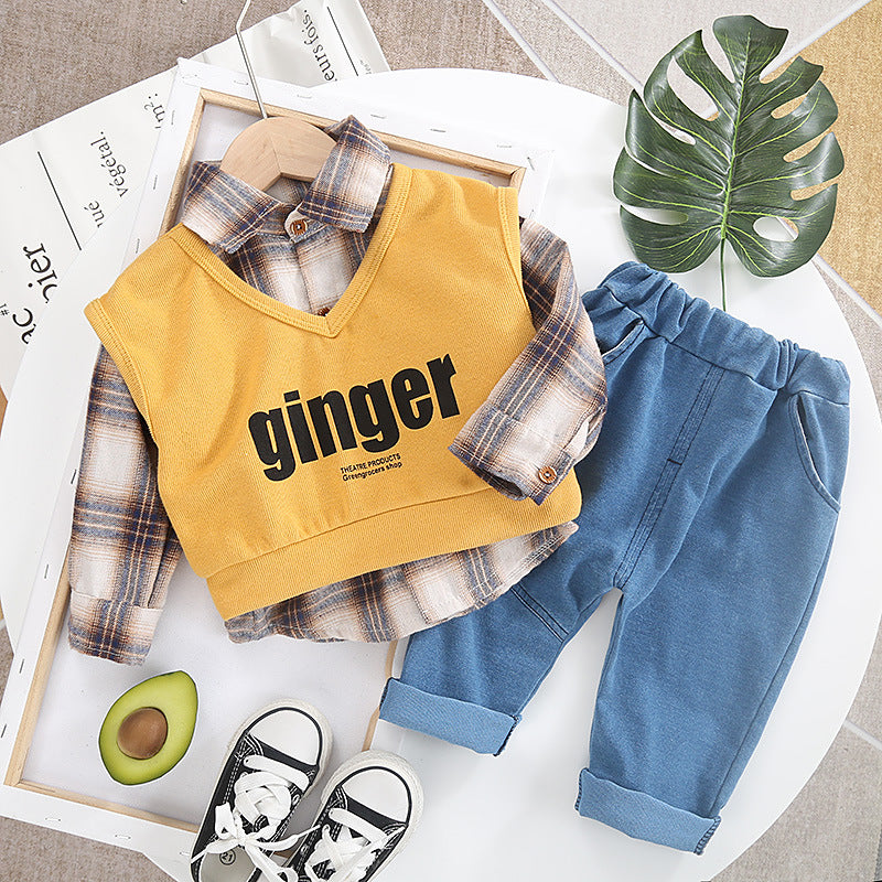 Newborn Kids 1 2 3 4 Years Baby Boys Clothes 3pcs Sets Letter print Knitted Vest Plaid shirt pants ripped Boys Outfits Outerwear