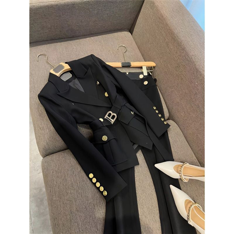 Luxurious Ladies&#039; Office Attire: Structured Long-Sleeve Jacket and Sleek Wide-Legged Pant ComboLong-sleeved suit and trousers two-piece set