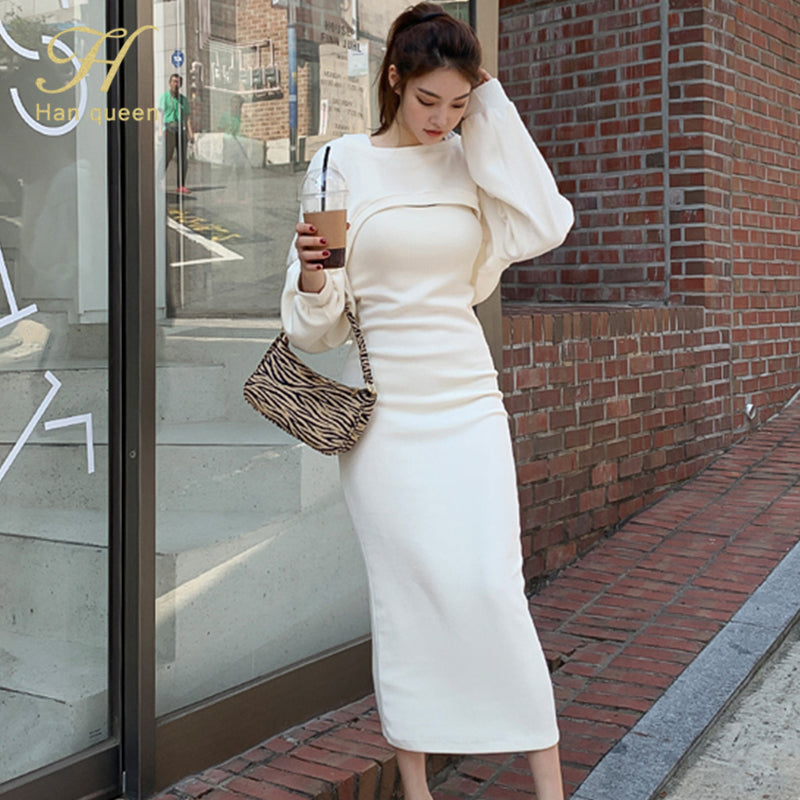 New Spirng 2 Pieces Set Women Dresses Vintage Work Casual Knitted Dresses Simple Slim Office Elegant Bottoming Long Vestidos