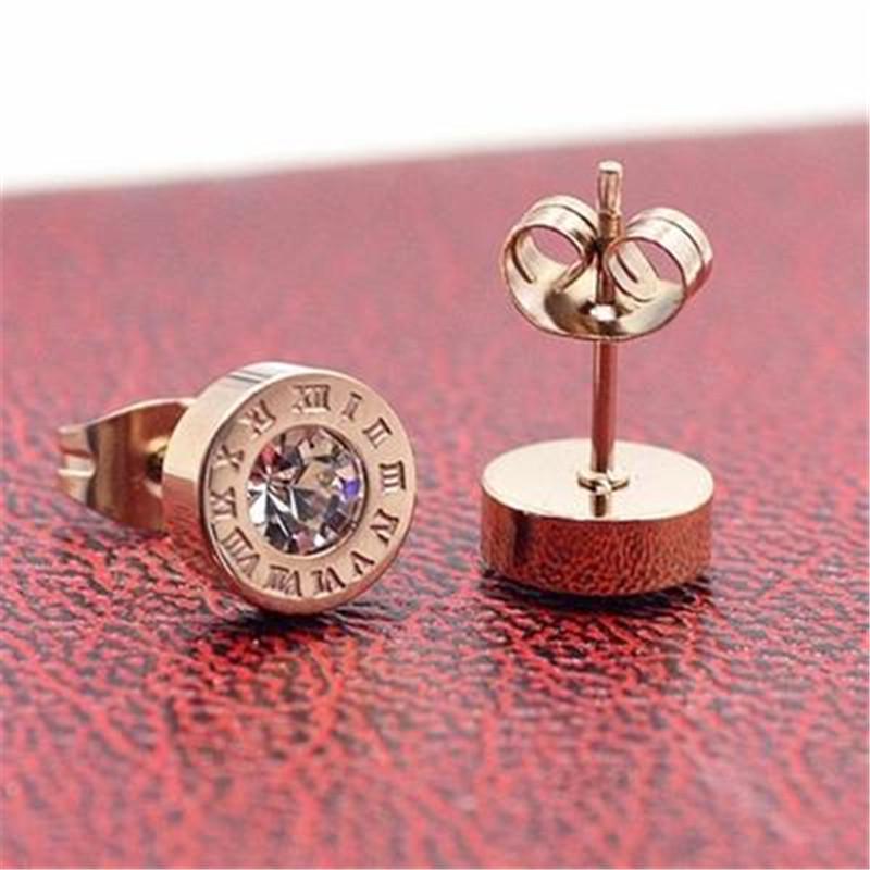 Stud 1pair Roman Alphabet Single Drill Earstud Titanium Steel Rose Gold Round Earrings For Men Women