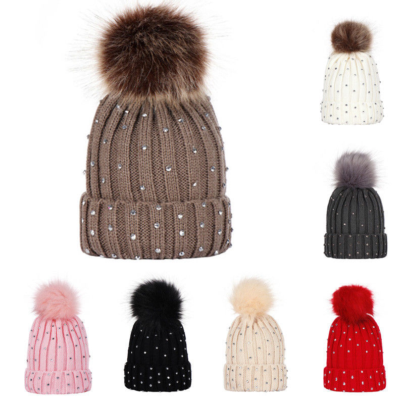 2021 Winter Fashion Toddler Kid Girl&Boy Baby Warm Crochet Knit Hat Solid Knit Spot Drill Bobble Beanie Cat