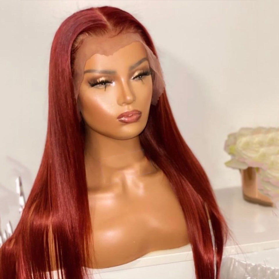 Natural Hairline Wine Red Color Long Straight Wigs Glueless Lace Front Wig Synthetic For Black Women With Baby Hair Cosplay Wigs