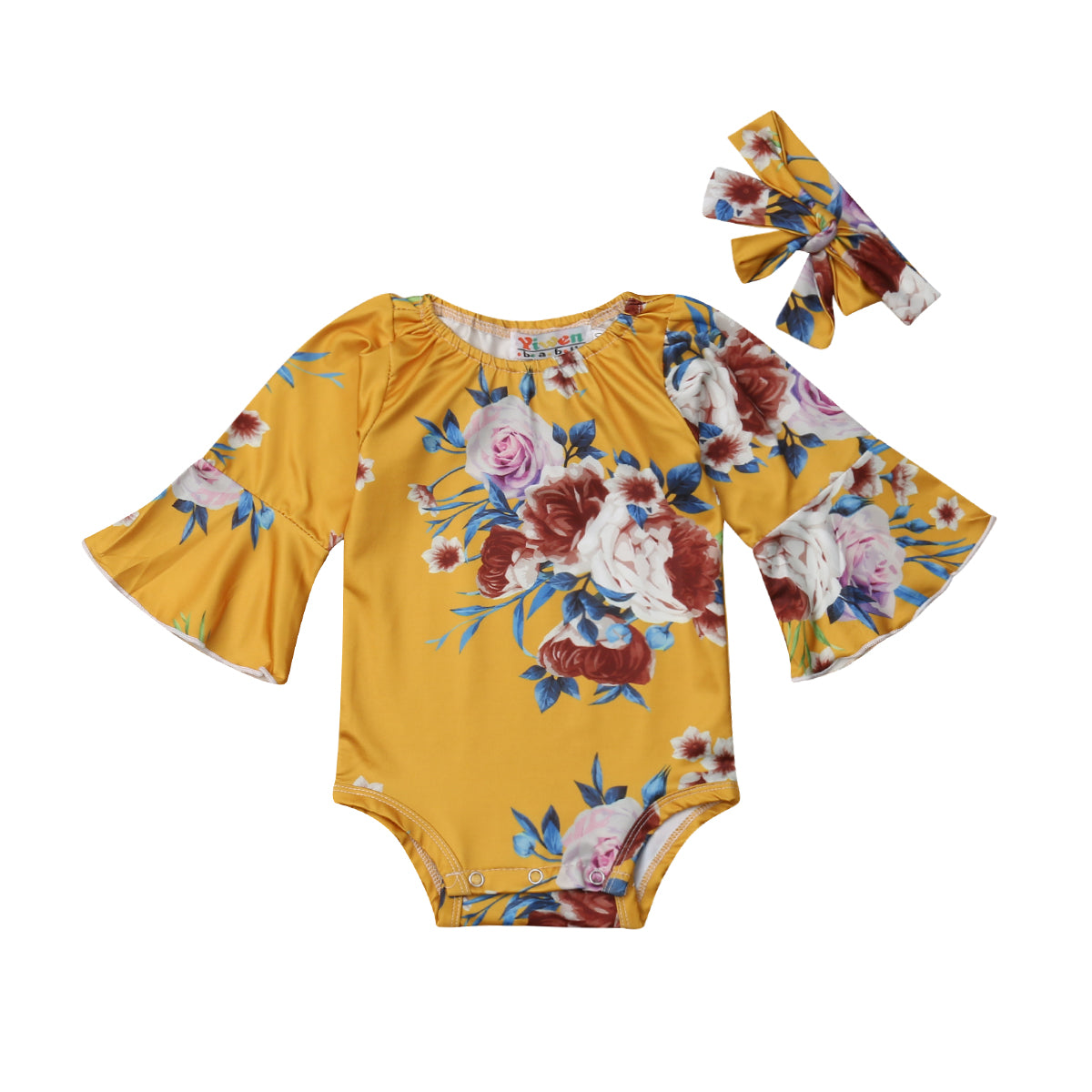 Newborn Infant Kids Baby Girls Pretty Cute Bodysuits Headband 2PCS Floral Print Long Flare Sleeve Jumpsuits Clothes