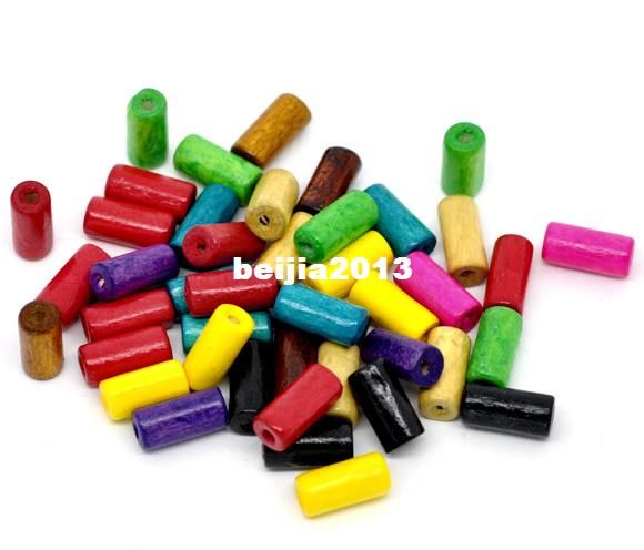 Free Shipping 500pcs Random Mixed Color Tube Wood Spacer Beads 12x6mm