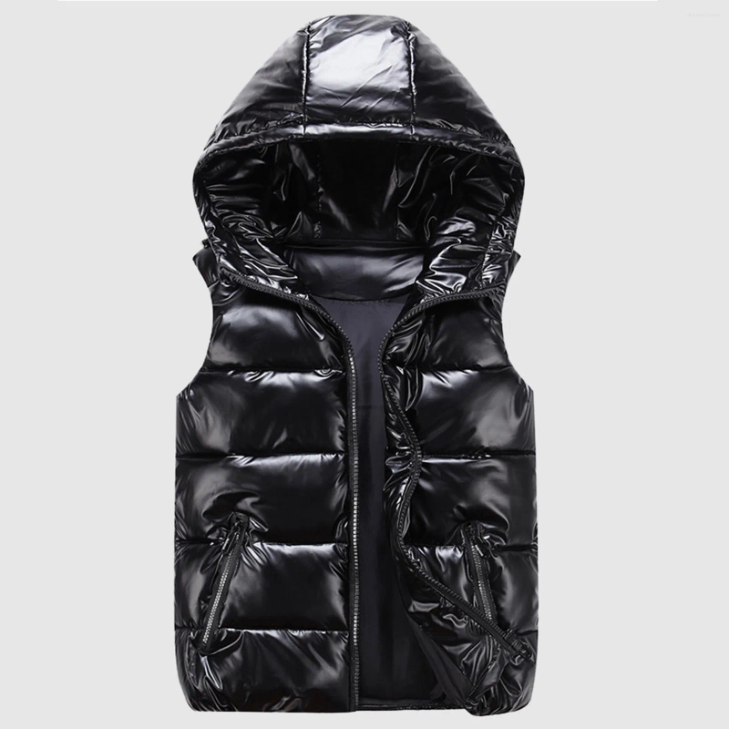 Women&#039;s Vests Autumn Winter Women Padded Shiny Vest Jacket Solid Zipper Hooded Bubble Coat With Pocket Lightweight Sleeveless Outerwear