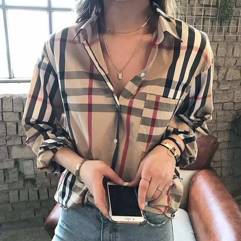 2022 Designer Women&#039;s Contrast Color Blouses Shirts Fashion Classic Summer New Plaid T-Shirt Plus Size Casual Long Sleeve Top designer clothing