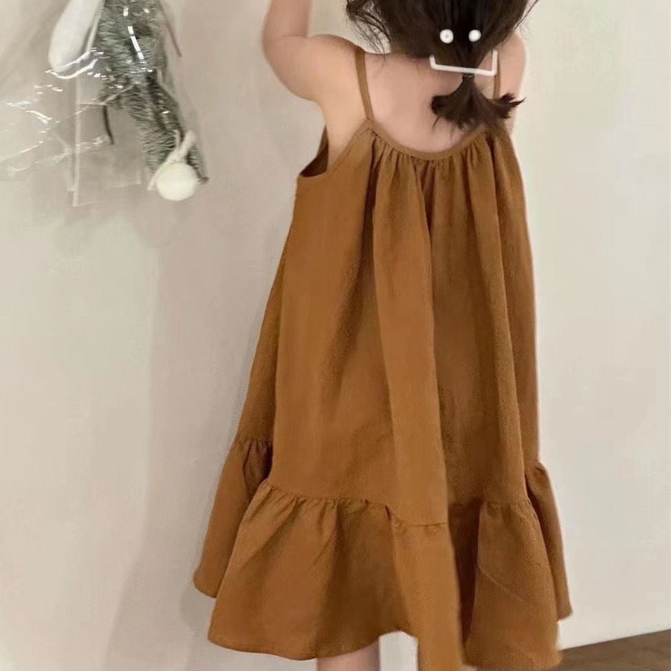 D73 Korean style girls suspenders Western style dress summer girls retro style coffee color vest skirt children&#039;s mid-length skirt