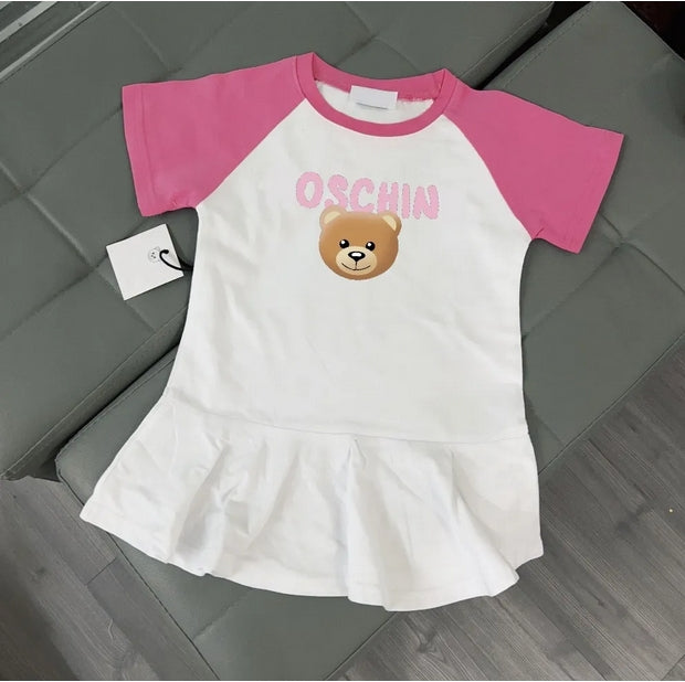 Baby Girls Princess Dresses Cartoon Bear Kids Short Sleeve Dress Letters Printed Children Skirts Girl Dress
