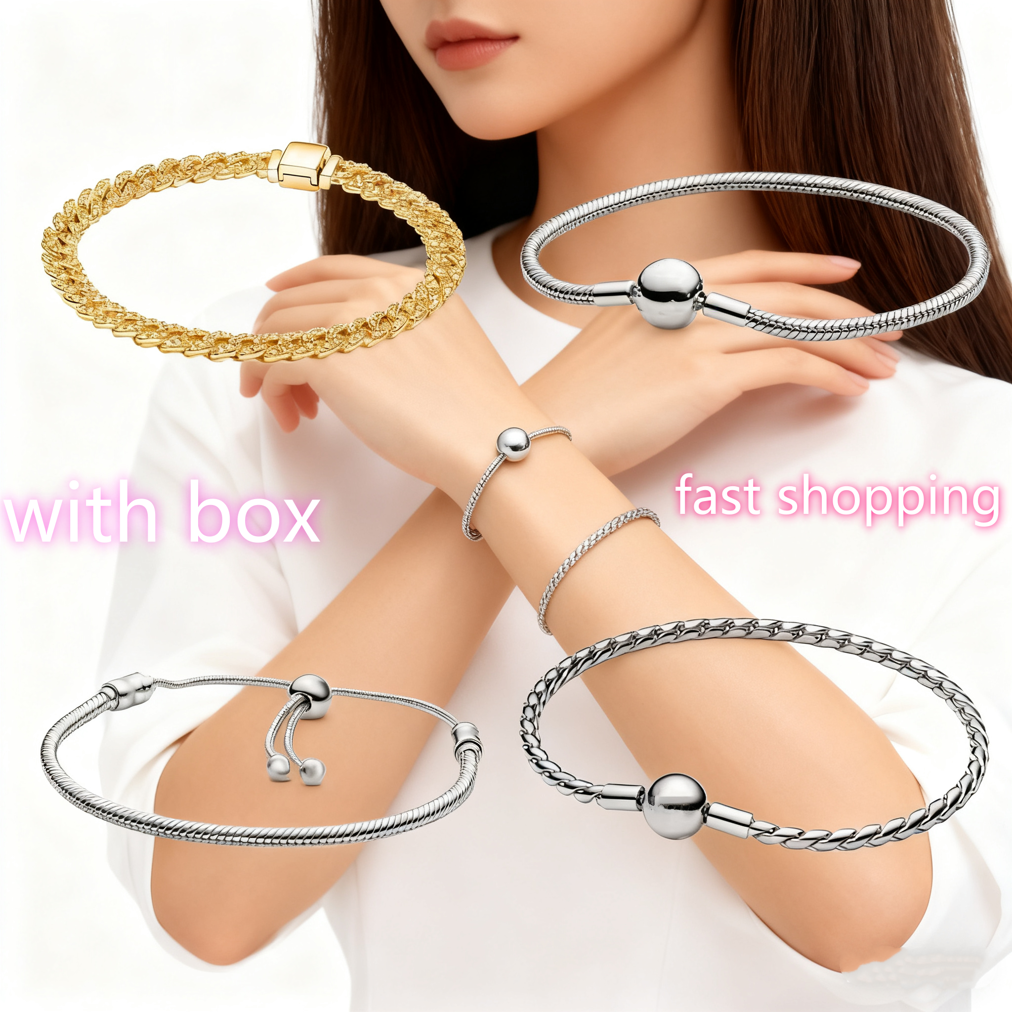 New Silver Bracelet Charm Bracelet Women&#039;s Bracelet: Suitable for Charm Original Basic Round Head Snake Bone Bracelet Full Diamond Tennis Gold