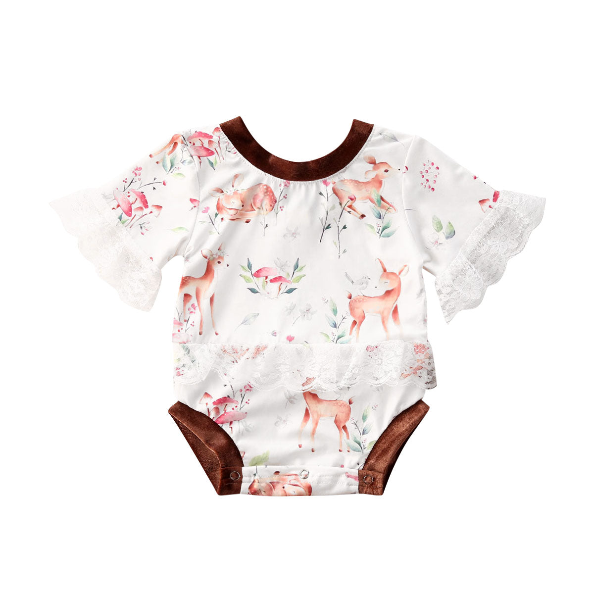 0-24M Infant Baby Girls Boys Bodysuits Animal Print Lace Ruffles Short Sleeve Cotton Jumpsuits Outfits