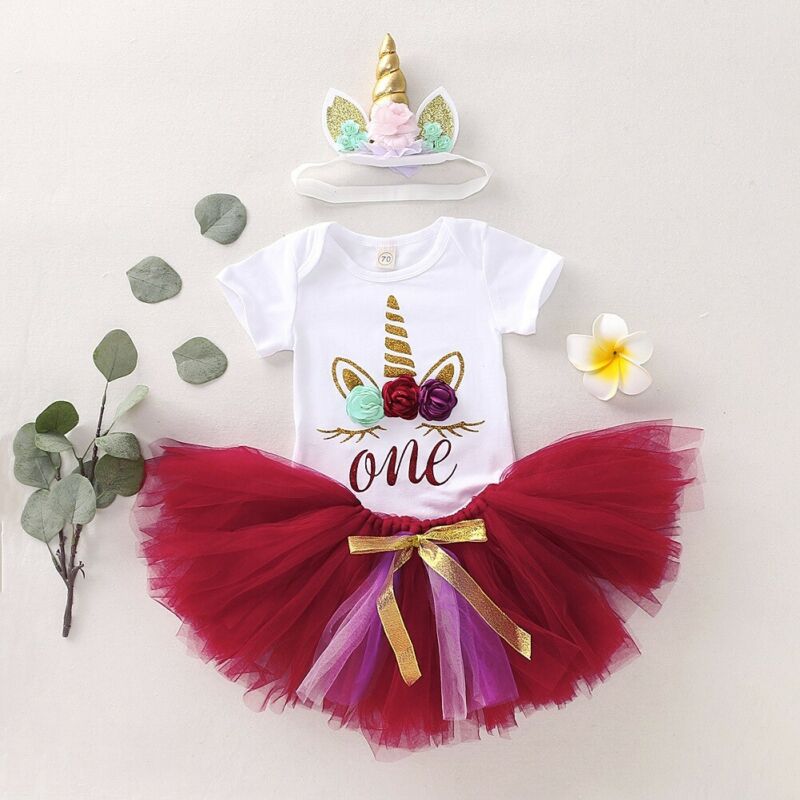 3PCS Infant Baby Girls 1st Birthday Outfit Party Romper Lace Tutu Skirt Cake Smash Headband Outfit 0-18M