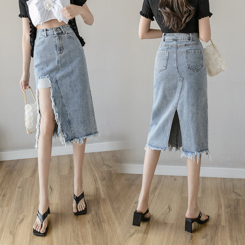 Blackday Womens Skirt Vintage Clothes Denim Ripped Long Skirts Blue Harajuku Summer High Waist Streetwear 2020 The New flowy Fashion