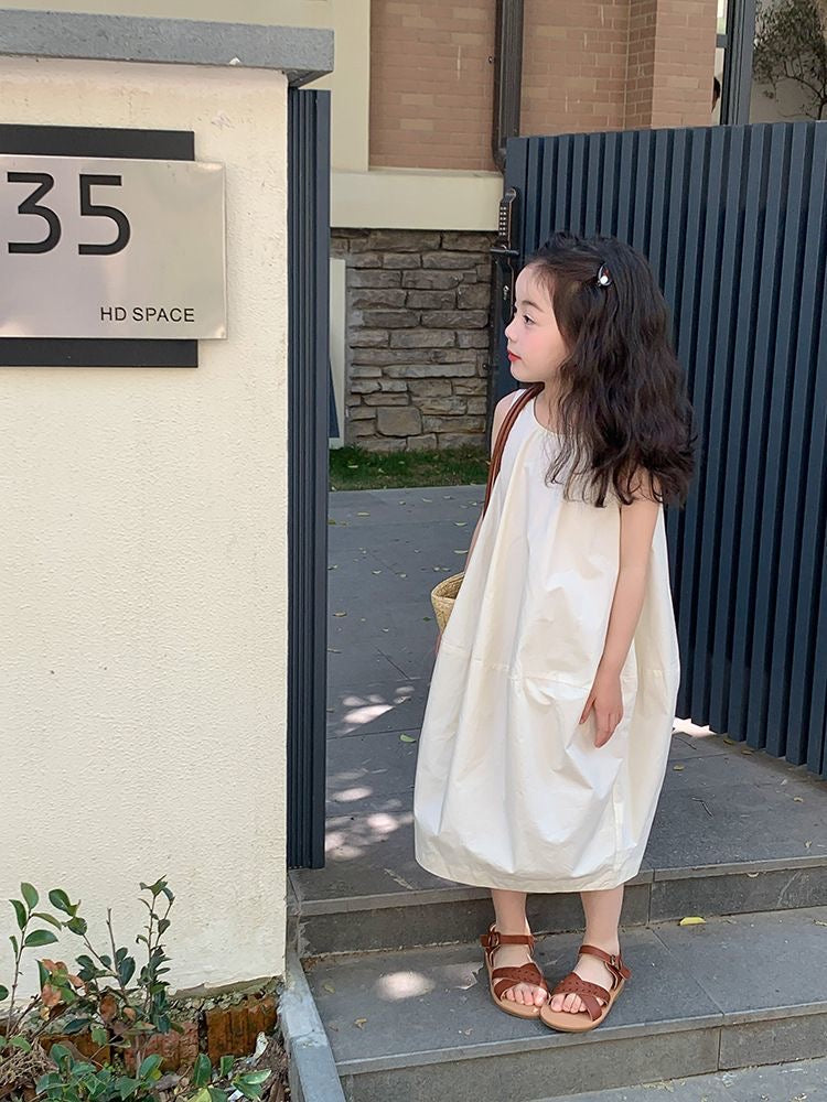 D113 Girls niche design temperament vest dress children&#039;s long skirt baby solid color sleeveless dress summer