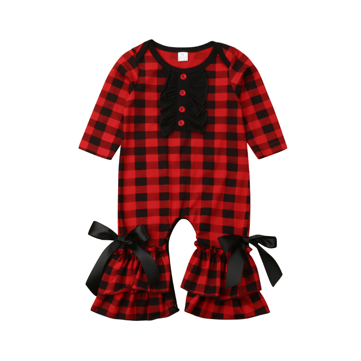 Newborn Infant Kids Baby Girls Boys Romper Ruffles Bow Plaid Print Long Sleeve Jumpsuits Clothes Outfit 0-24M