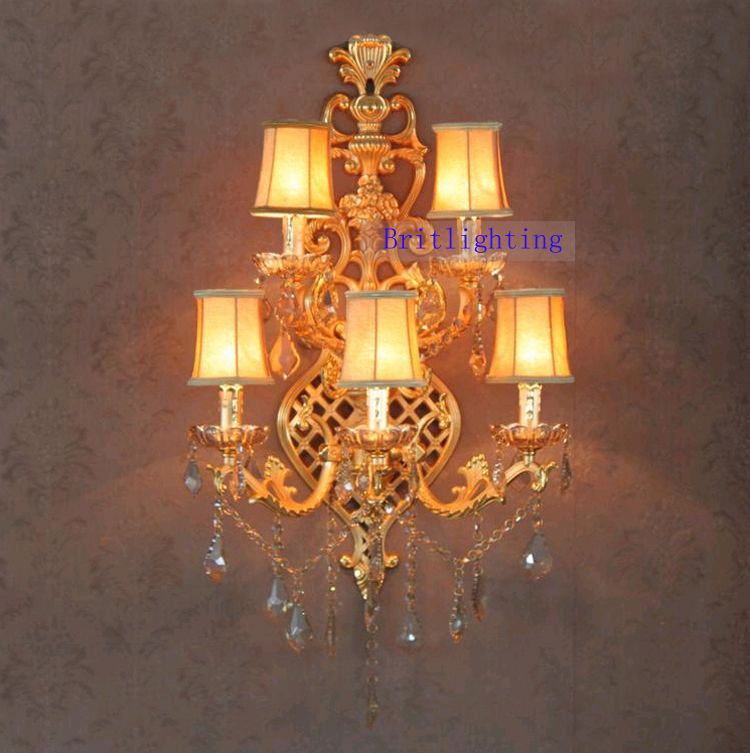 fabric lampshade big hotel wall lamps satin golden Luxurious Crystal Candle Wall Lamp with 5 Lights Luxy Large Wall Lamp crystal