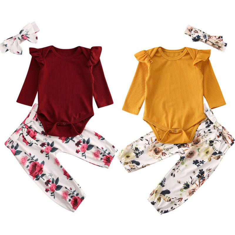 3pcs Newborn Infant Baby Girl Outfits Clothes Set Ruffles Solid Romper Tops+Floral Print Pants Leggings Headband