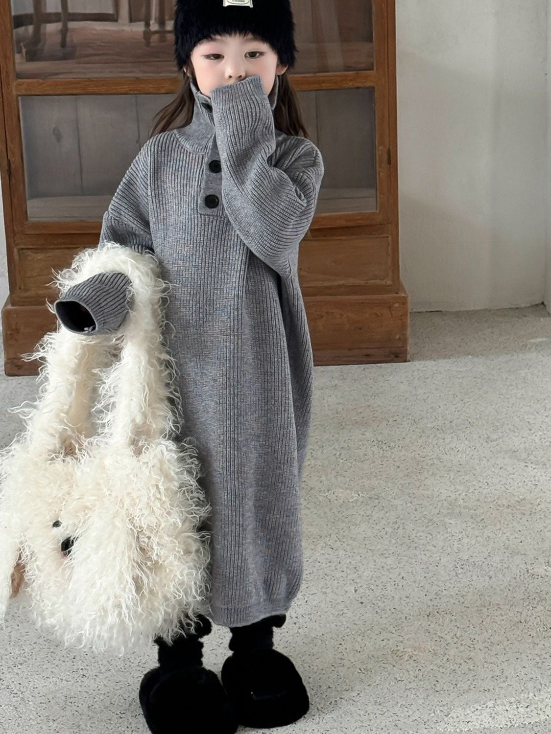 D519 Korean version of the girl&#039;s 2025 autumn and winter new gray ribbed high collar long-sleeved dress baby girl mid-length sweater dress