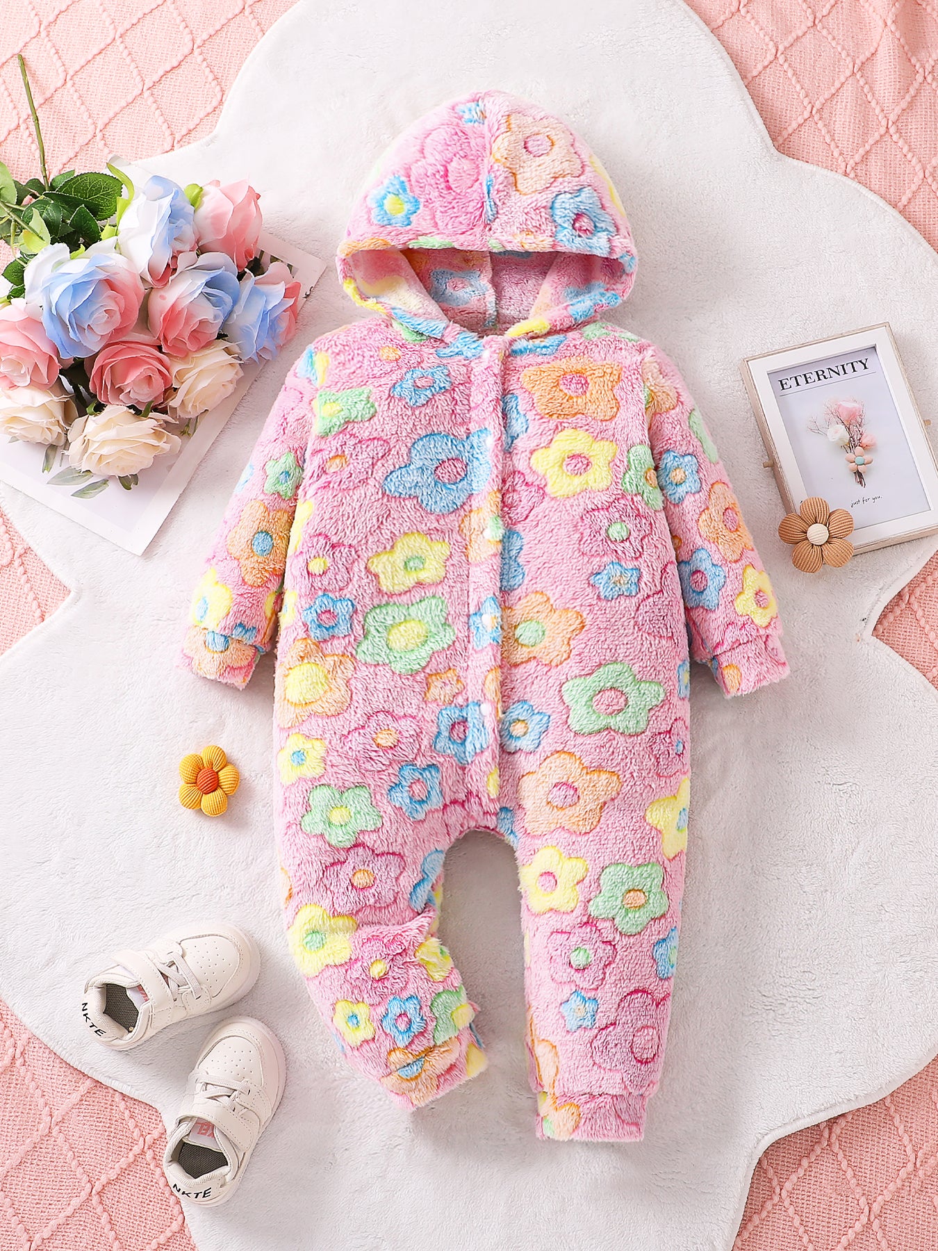 Baby Girl Floral Print Fuzzy Hooded Jumpsuit, Warm & Cute One - Piece Pajamas for Infants Thick autumn and winter pajamas-KJ3D4551A