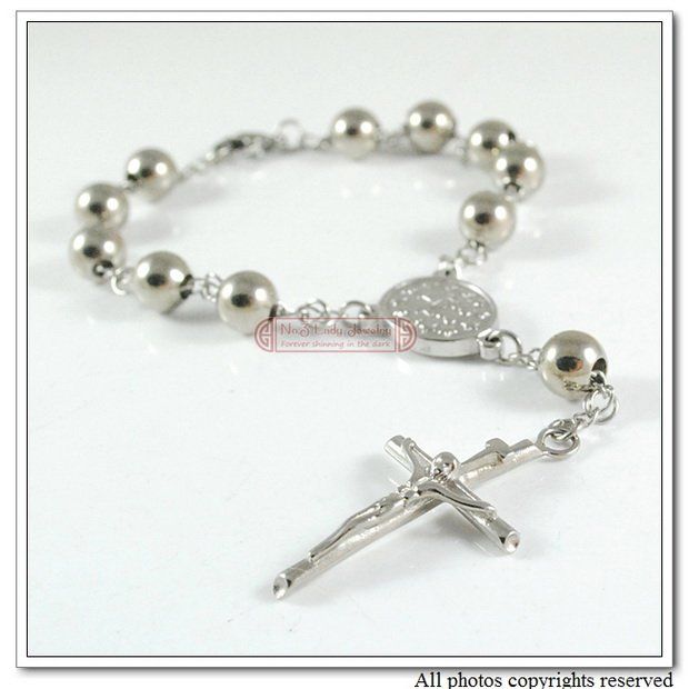 7.4&quot; Stainless steel Rosary Cross Bracelet Religious Fashion jewellery, Catholic, Silver Tone, Wholesale&amp;free shipping WB225