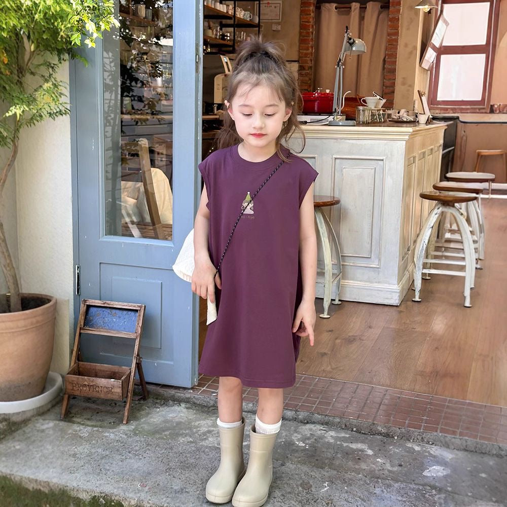 D103 Girls&#039; casual dress Korean style summer baby loose daily medium and long cartoon pure cotton sleeveless medium and large children