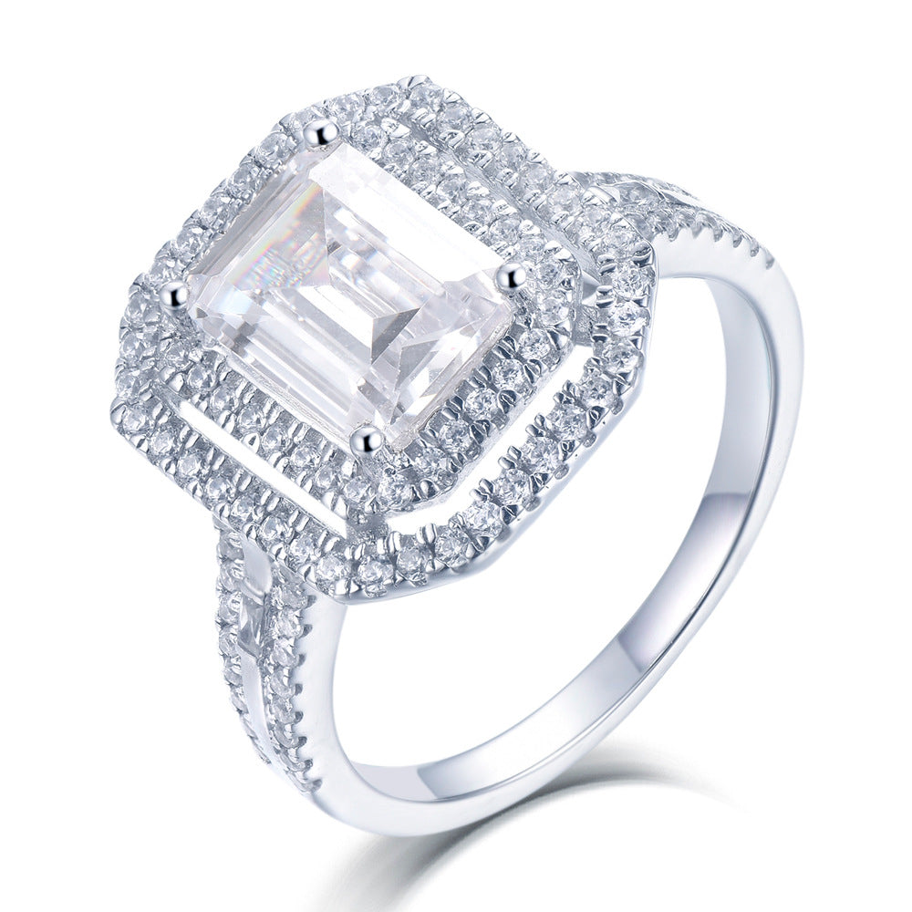 European and American Fashion High-End Tonglin Ornament S925 Sterling Silver Ring Female Wedding Ring Ladder Square Zircon Europe and Americ