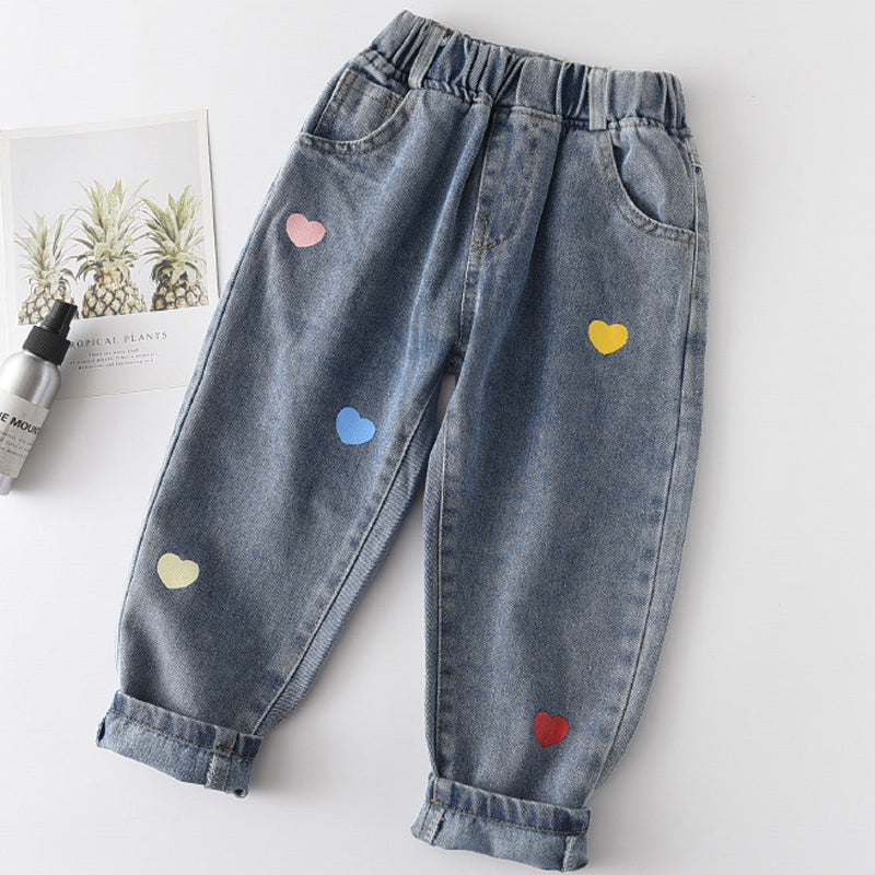 Menoea Kids Casual Jeans 2021 New Autumn Spring Girls Boys Fashion Jeans Children Lovely Heart Print Leggings for 2 6 Years