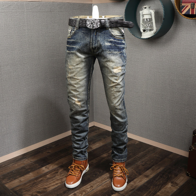 2024 new retro old summer nostalgic beggar pants yellow youth jeans men&#039;s hole washed light color slim small foot casual pants tide 28-38