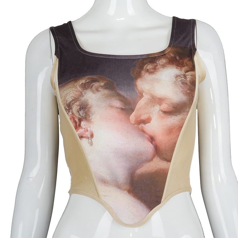 Chic Fashion Aesthetic Print Crop Tops Women Sleeveless Corset Vest Tanks Top Cropped Feminino Baless Club Tophigh quality