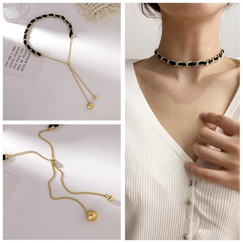 Chokers XIAOBOACC Korean Fashion Necklace For Women Simple Metal Braided Tassel Ball Velvet Clavicle Neck Chain