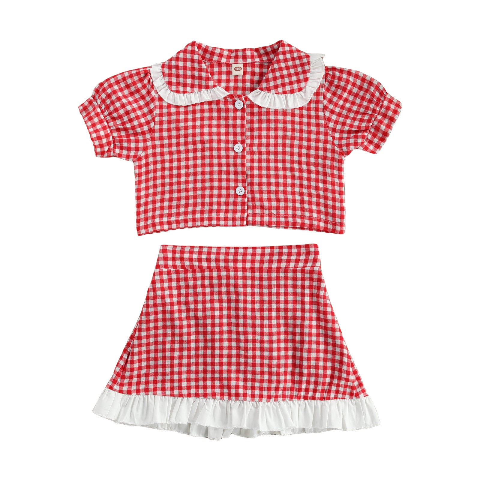 Lovely Infant Girls Plaid Clothes Sets Printed Turn Down Collar Single Breasted Shirts A-Line Skirts