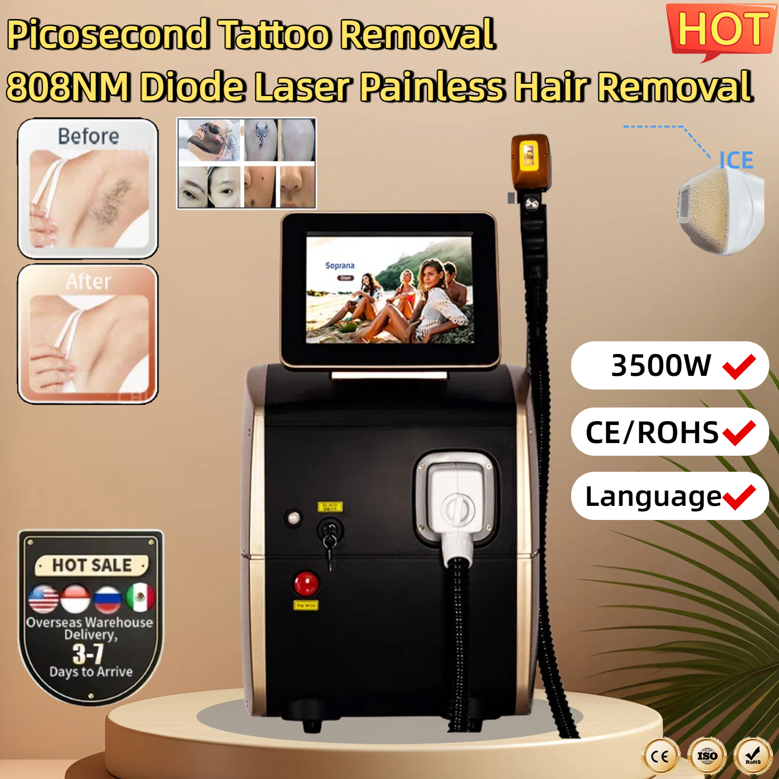 Hot 3000W Face 755-808-1064nm Diode Laser Hair Removal Machine Alexandrit Permanent Painless Physical Underarm Body Care Depilation Equipment CE-ROH